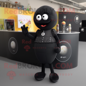 Black Petanque Ball mascot costume character dressed with a Cocktail Dress and Wallets
