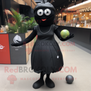 Black Petanque Ball mascot costume character dressed with a Cocktail Dress and Wallets