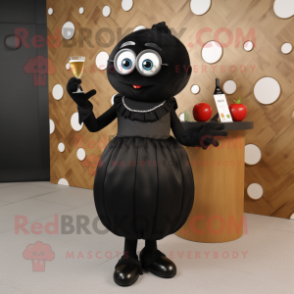 Black Petanque Ball mascot costume character dressed with a Cocktail Dress and Wallets