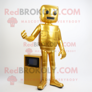 Gold Television mascot costume character dressed with a Jeans and Foot pads