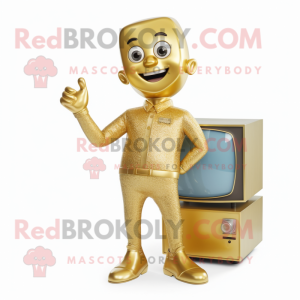 Gold Television mascot costume character dressed with a Jeans and Foot pads