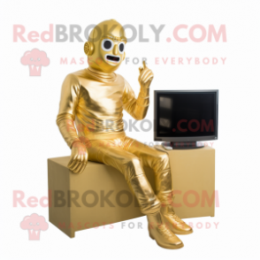 Gold Television mascot costume character dressed with a Jeans and Foot pads