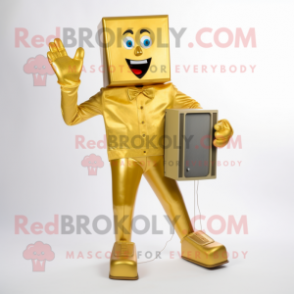 Gold Television mascot costume character dressed with a Jeans and Foot pads