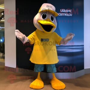 Gold Goose mascot costume character dressed with a Bermuda Shorts and Beanies