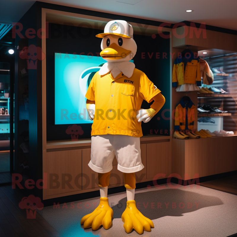 Gold Goose mascot costume character dressed with a Bermuda Shorts and Beanies