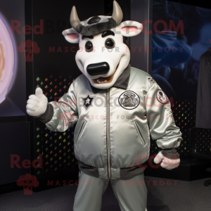 Silver Holstein Cow mascot costume character dressed with a Bomber Jacket and Lapel pins