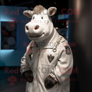 Silver Holstein Cow mascot costume character dressed with a Bomber Jacket and Lapel pins