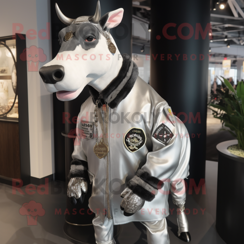 Silver Holstein Cow mascot costume character dressed with a Bomber Jacket and Lapel pins