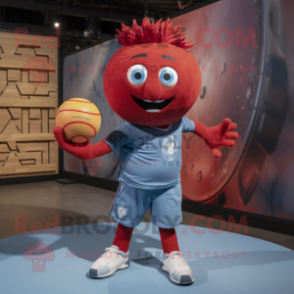 Red Handball Ball mascot costume character dressed with a Chambray Shirt and Bracelets