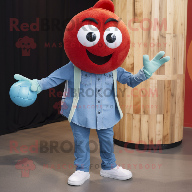 Red Handball Ball mascot costume character dressed with a Chambray Shirt and Bracelets Red Handball Ball mascot costume character dressed with a Chambray Shirt and Bracelets