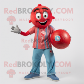 Red Handball Ball mascot costume character dressed with a Chambray Shirt and Bracelets