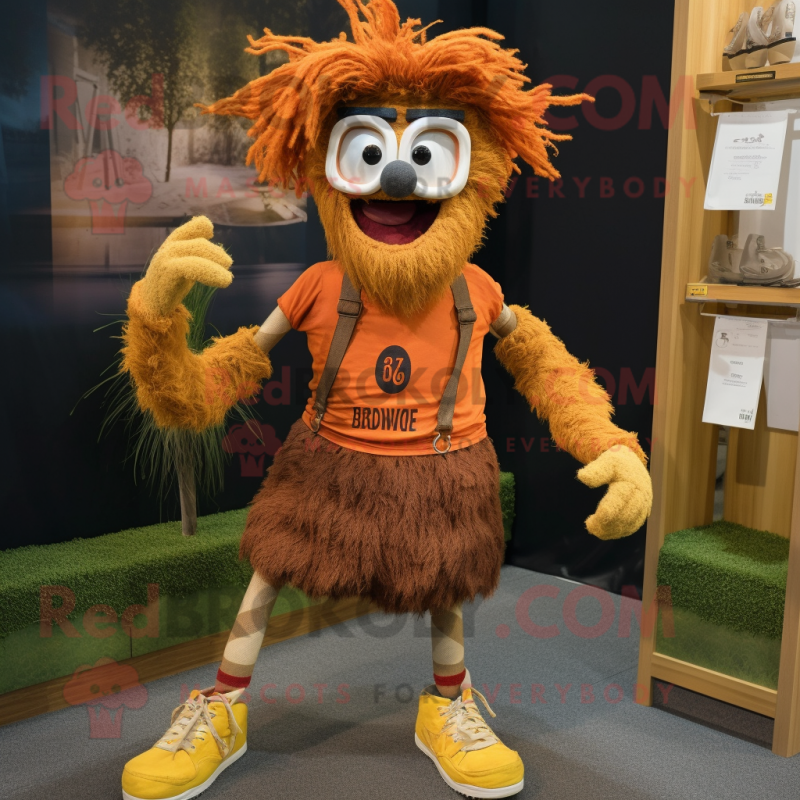 Rust Scarecrow mascot costume character dressed with a Running Shorts and Reading glasses Rust Scarecrow mascot costume character dressed with a Running Shorts and Reading glasses