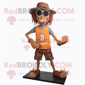 Rust Scarecrow mascot costume character dressed with a Running Shorts and Reading glasses