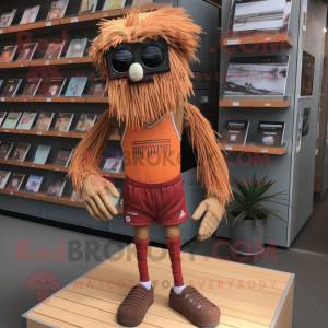 Rust Scarecrow mascot costume character dressed with a Running Shorts and Reading glasses