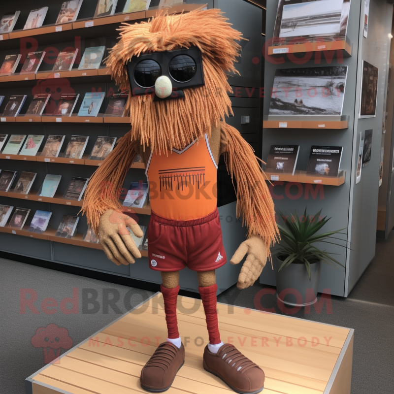 Rust Scarecrow mascot costume character dressed with a Running Shorts and Reading glasses