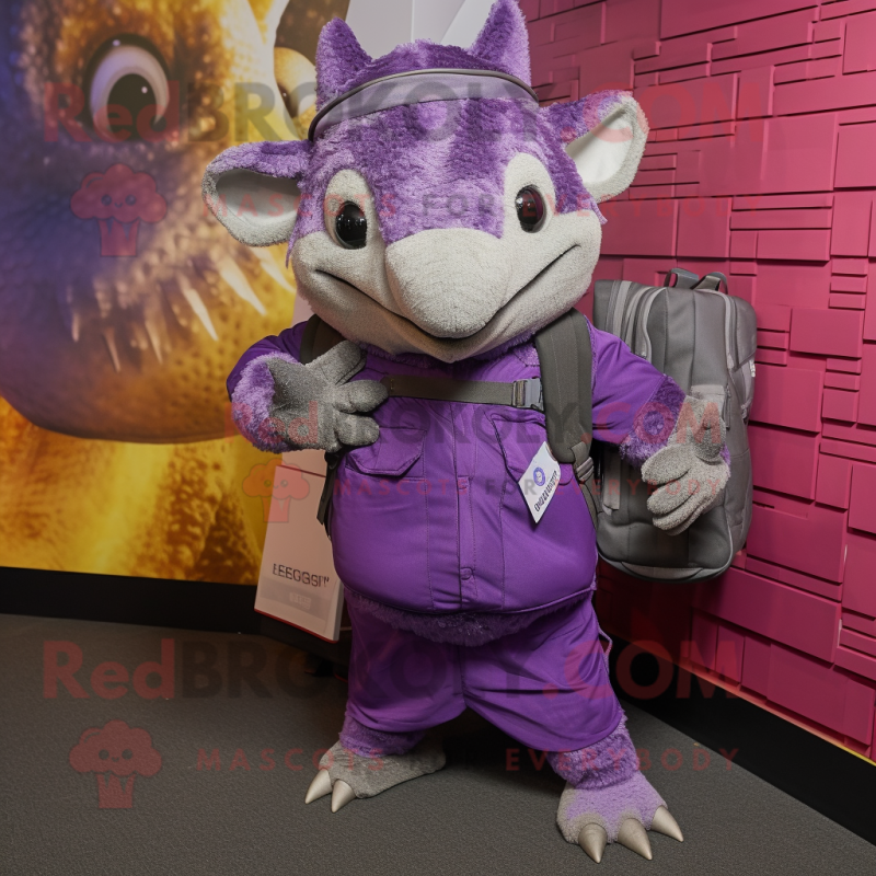 Purple Armadillo mascot costume character dressed with a Dungarees and Messenger bags