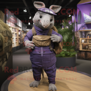 Purple Armadillo mascot costume character dressed with a Dungarees and Messenger bags
