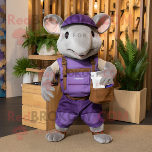 Purple Armadillo mascot costume character dressed with a Dungarees and Messenger bags