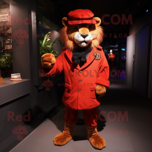 Red Saber-Toothed Tiger mascot costume character dressed with a Cardigan and Berets