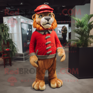Red Saber-Toothed Tiger mascot costume character dressed with a Cardigan and Berets