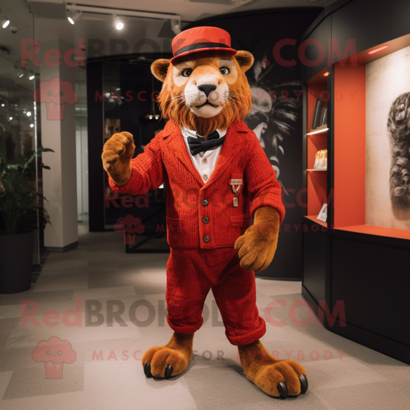 Red Saber-Toothed Tiger mascot costume character dressed with a Cardigan and Berets