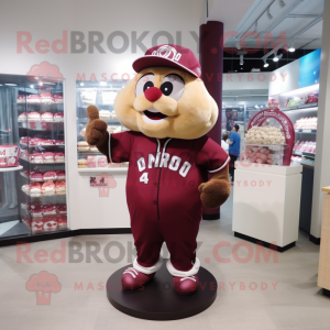 Maroon Candy mascot costume character dressed with a Baseball Tee and Brooches