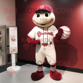 Maroon Candy mascot costume character dressed with a Baseball Tee and Brooches