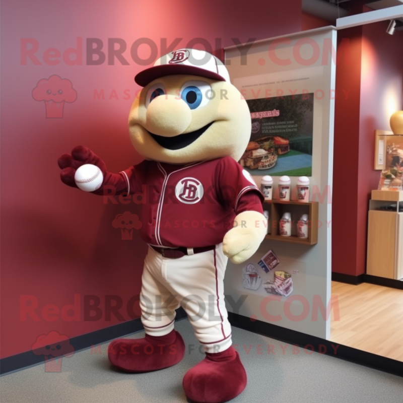 Maroon Candy mascot costume character dressed with a Baseball Tee and Brooches