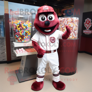 Maroon Candy mascot costume character dressed with a Baseball Tee and Brooches