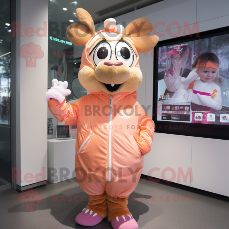 Peach Reindeer mascot costume character dressed with a Windbreaker and Wraps Peach Reindeer mascot costume character dressed with a Windbreaker and Wraps