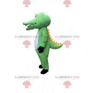 Mascotte de crocodile vert, blanc et jaune, costume dinosaure -
