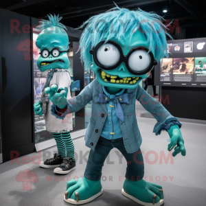 Teal Zombie mascot costume character dressed with a Mini Dress and Eyeglasses
