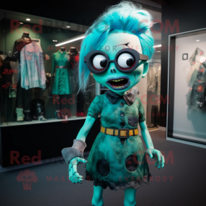 Teal Zombie mascot costume character dressed with a Mini Dress and Eyeglasses