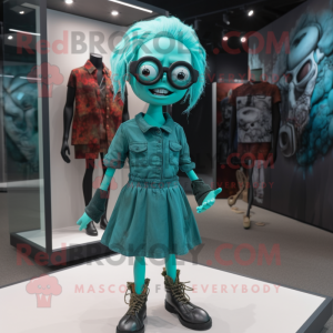 Teal Zombie mascot costume character dressed with a Mini Dress and Eyeglasses