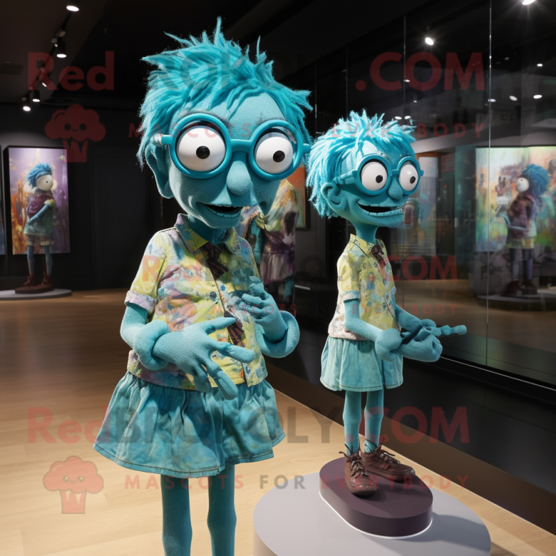 Teal Zombie mascot costume character dressed with a Mini Dress and Eyeglasses