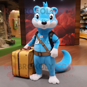 Sky Blue Marten mascot costume character dressed with a Skinny Jeans and Messenger bags