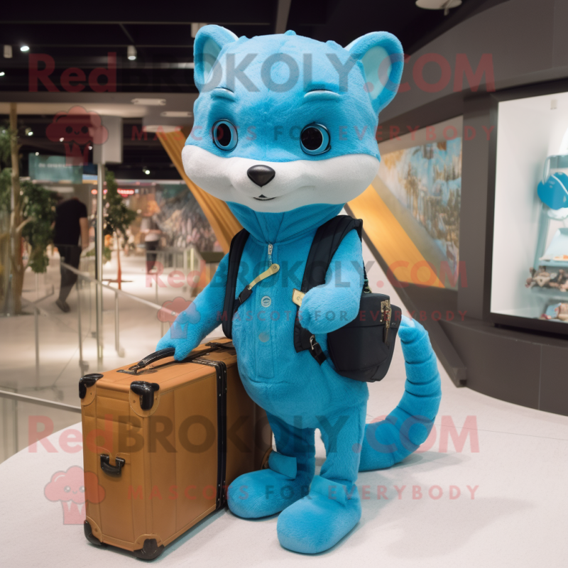 Sky Blue Marten mascot costume character dressed with a Skinny Jeans and Messenger bags