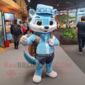 Sky Blue Marten mascot costume character dressed with a Skinny Jeans and Messenger bags