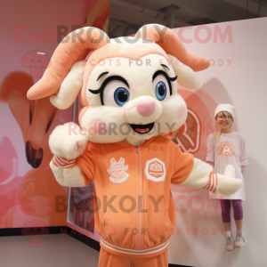 Peach Ram mascot costume character dressed with a Sweatshirt and Hairpins