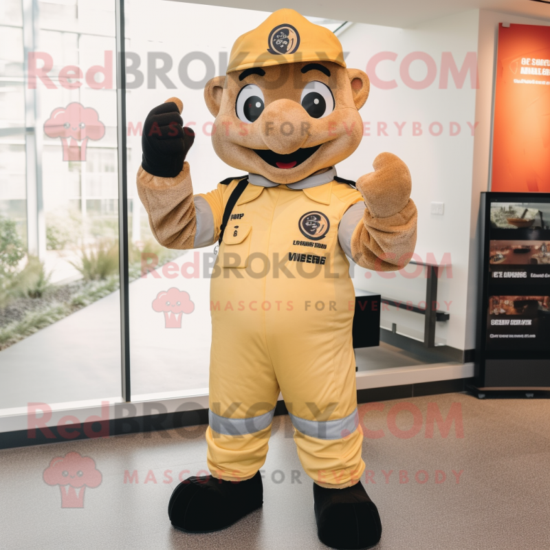 Gold Fire Fighter mascot costume character dressed with a Overalls and Mittens