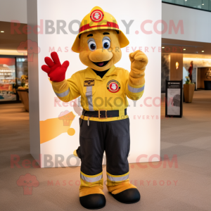 Gold Fire Fighter mascot costume character dressed with a Overalls and Mittens