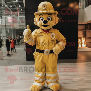 Gold Fire Fighter mascot costume character dressed with a Overalls and Mittens