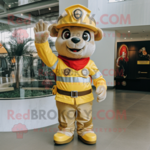 Gold Fire Fighter mascot costume character dressed with a Overalls and Mittens