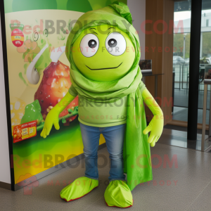 Lime Green Pad Thai mascot costume character dressed with a Bootcut Jeans and Scarves