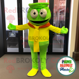 Lime Green Pad Thai mascot costume character dressed with a Bootcut Jeans and Scarves