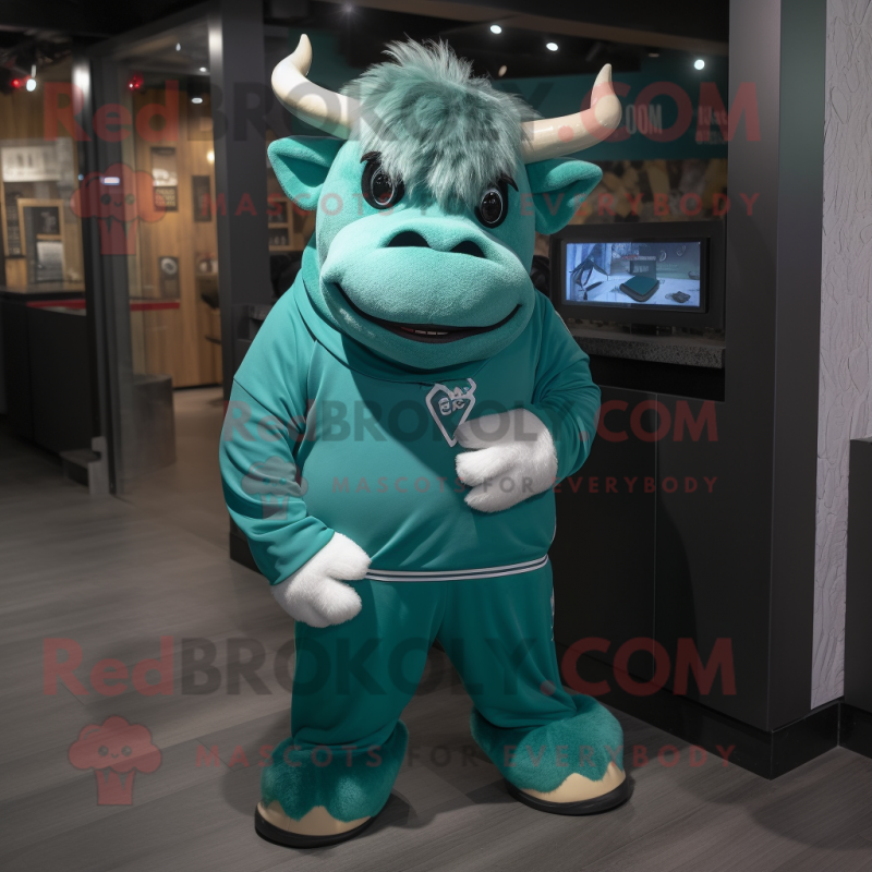 Teal Bull mascot costume character dressed with a Sweatshirt and Cummerbunds