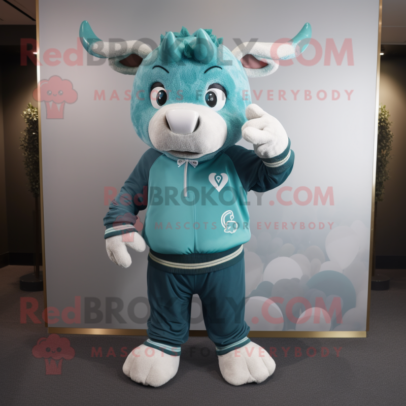 Teal Bull mascot costume character dressed with a Sweatshirt and Cummerbunds Teal Bull mascot costume character dressed with a Sweatshirt and Cummerbunds