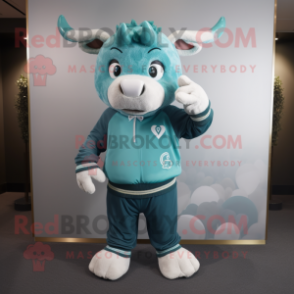 Teal Bull mascot costume character dressed with a Sweatshirt and Cummerbunds