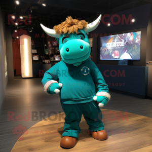 Teal Bull mascot costume character dressed with a Sweatshirt and Cummerbunds