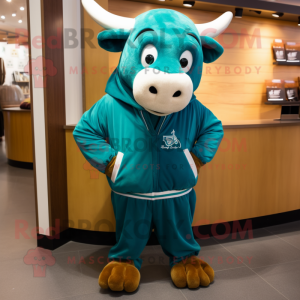 Teal Bull mascot costume character dressed with a Sweatshirt and Cummerbunds